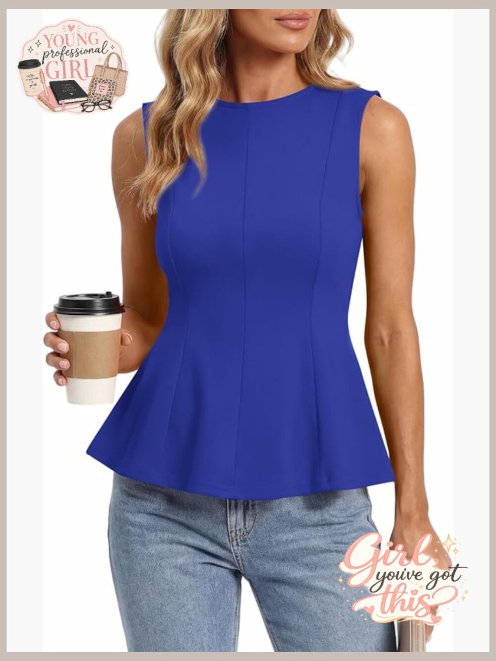 Women's Sleeveless Peplum Tank Top Business Casual Crew Neck Slim Fit Summer Top